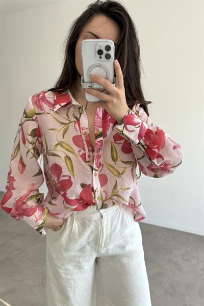 Zra Orj. Çiçek Desenli Gold Düğme Gömlek