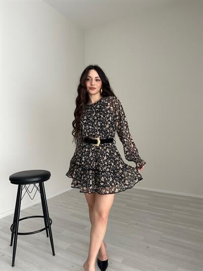 ZRA Orj. Gold Floral Şifon Elbise