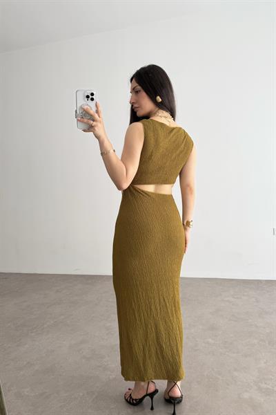 Zra Orj. Yağ Yeşili Pencere Dekolteli Midi Elbise