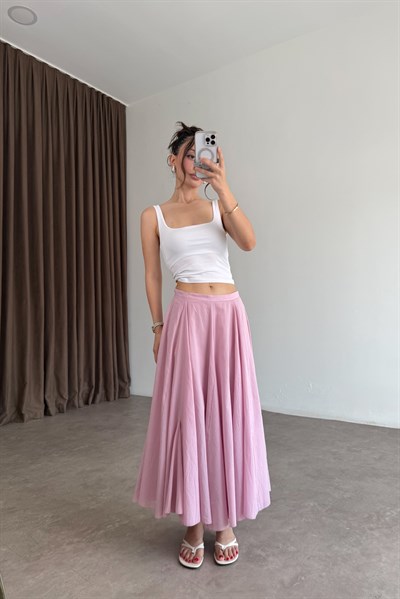 ZRA Orj Pamuklu Kumaş Premium Volanlı Pembe Midi Etek