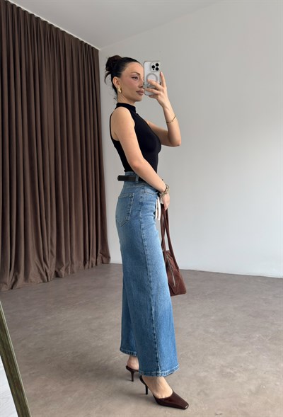 ZRA Orta Mavi Bilek Boy Kemerli Jean