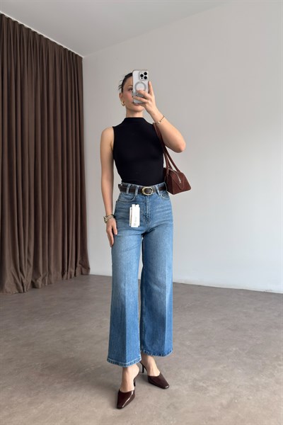 ZRA Orta Mavi Bilek Boy Kemerli Jean