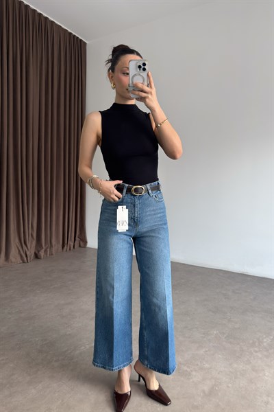 ZRA Orta Mavi Bilek Boy Kemerli Jean