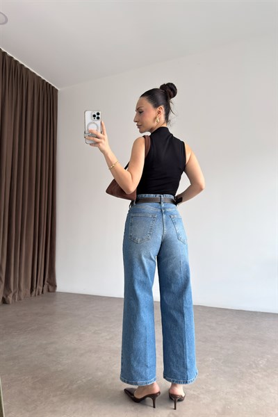 ZRA Orta Mavi Bilek Boy Kemerli Jean