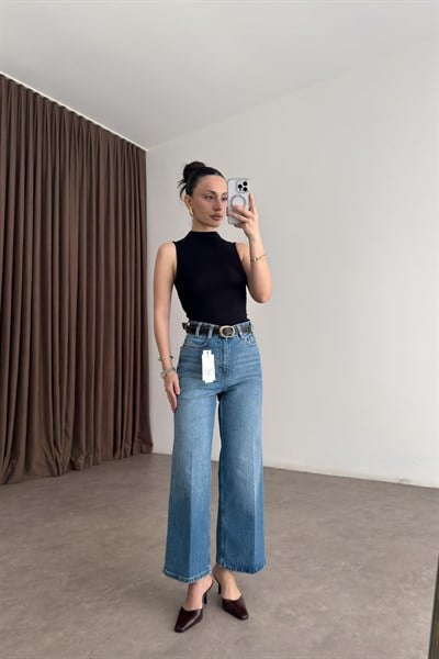 ZRA Orta Mavi Bilek Boy Kemerli Jean