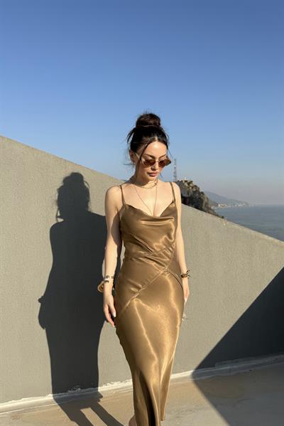 ZRA Saten Bronz Midi Elbise