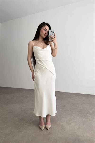 ZRA SATEN EKRU MİDİ ELBİSE