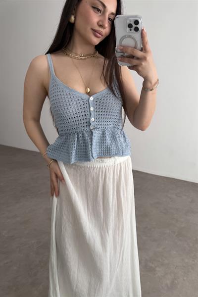 Zra Sedef Düğmeli Askılı Örgü Mavi Top