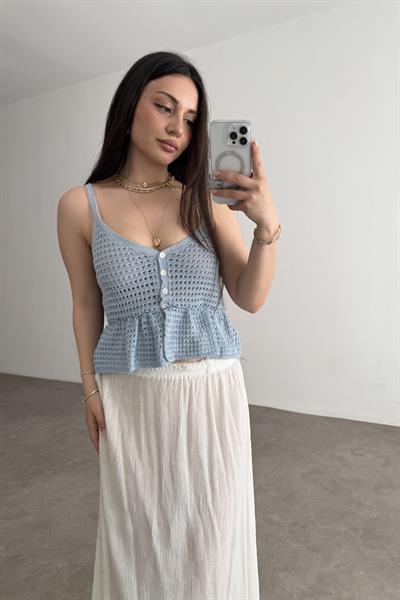 Zra Sedef Düğmeli Askılı Örgü Mavi Top