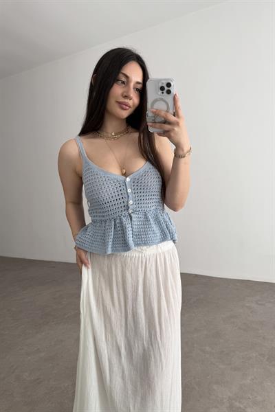 Zra Sedef Düğmeli Askılı Örgü Mavi Top