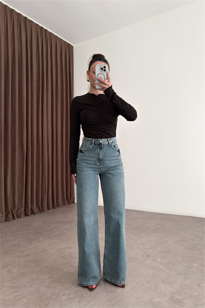 Orijinal Marka  Vintage Yeşil Yıkama Straight Leg Yüksek Belli Jean