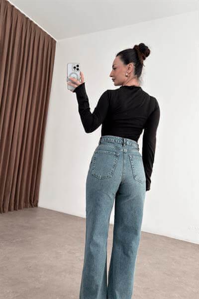 Orijinal Marka  Vintage Yeşil Yıkama Straight Leg Yüksek Belli Jean