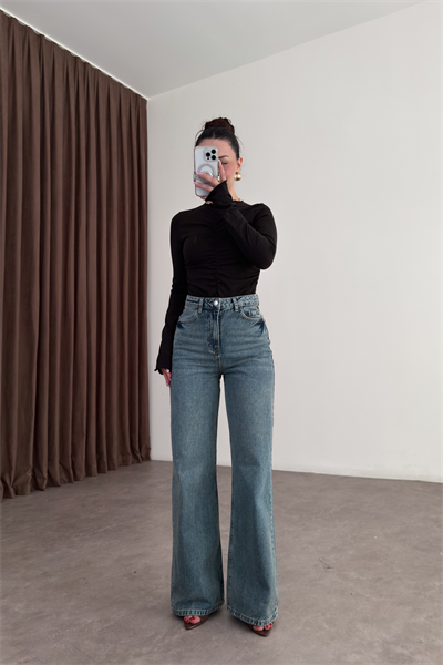 Orijinal Marka  Vintage Yeşil Yıkama Straight Leg Yüksek Belli Jean