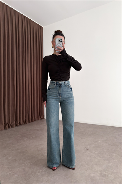 Orijinal Marka  Vintage Yeşil Yıkama Straight Leg Yüksek Belli Jean