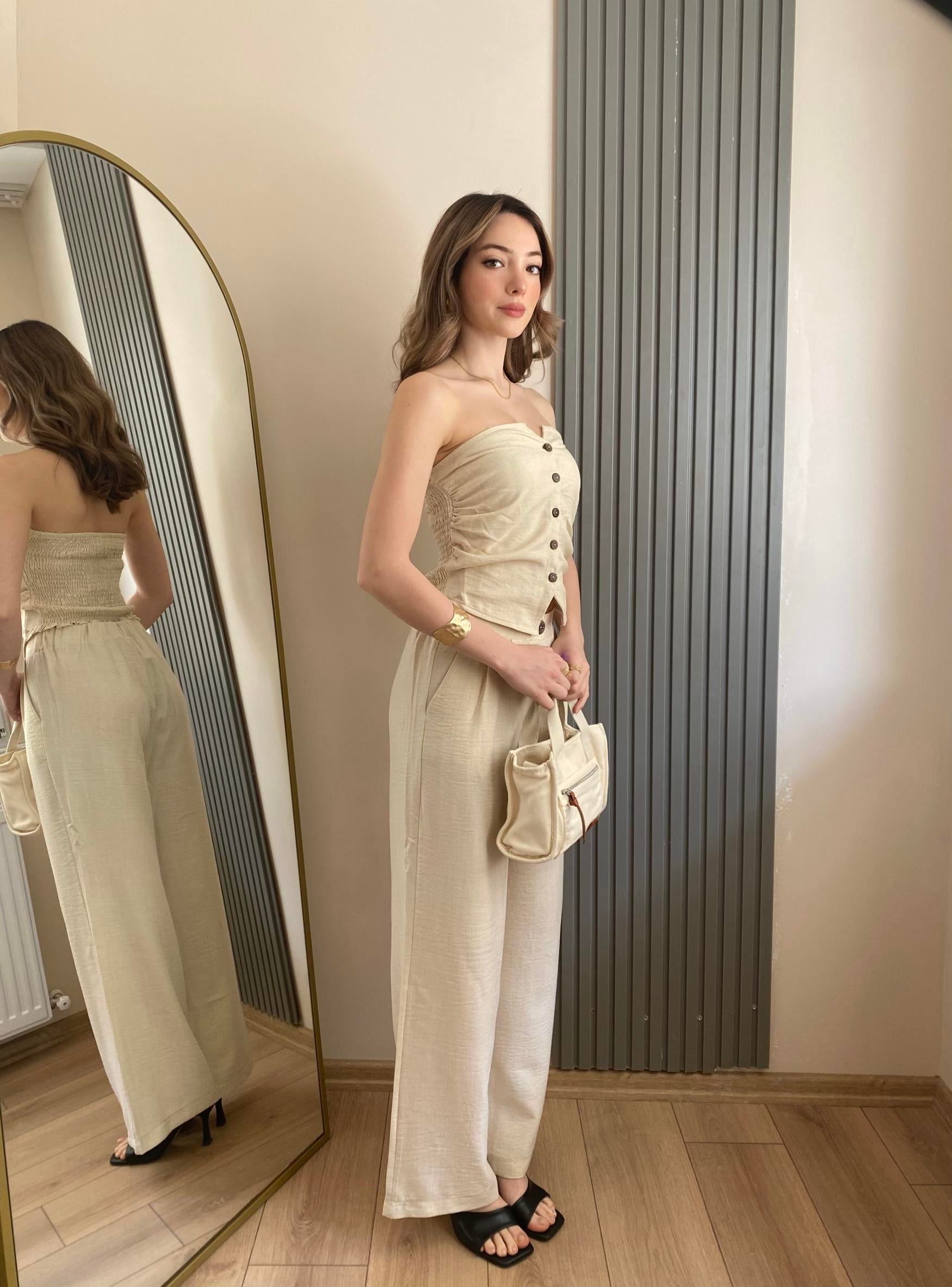 CAMILA STRAPLEZ KETEN YELEK PANTOLON İKİLİ TAKIM