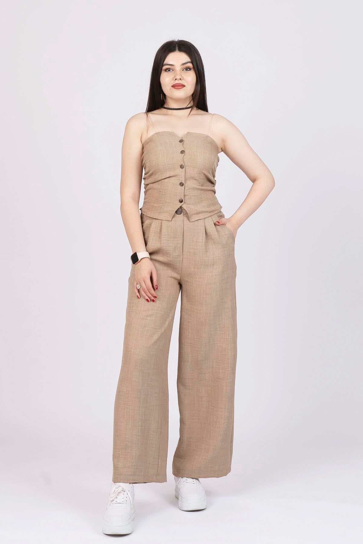 CAMILA STRAPLEZ KETEN YELEK PANTOLON İKİLİ TAKIM
