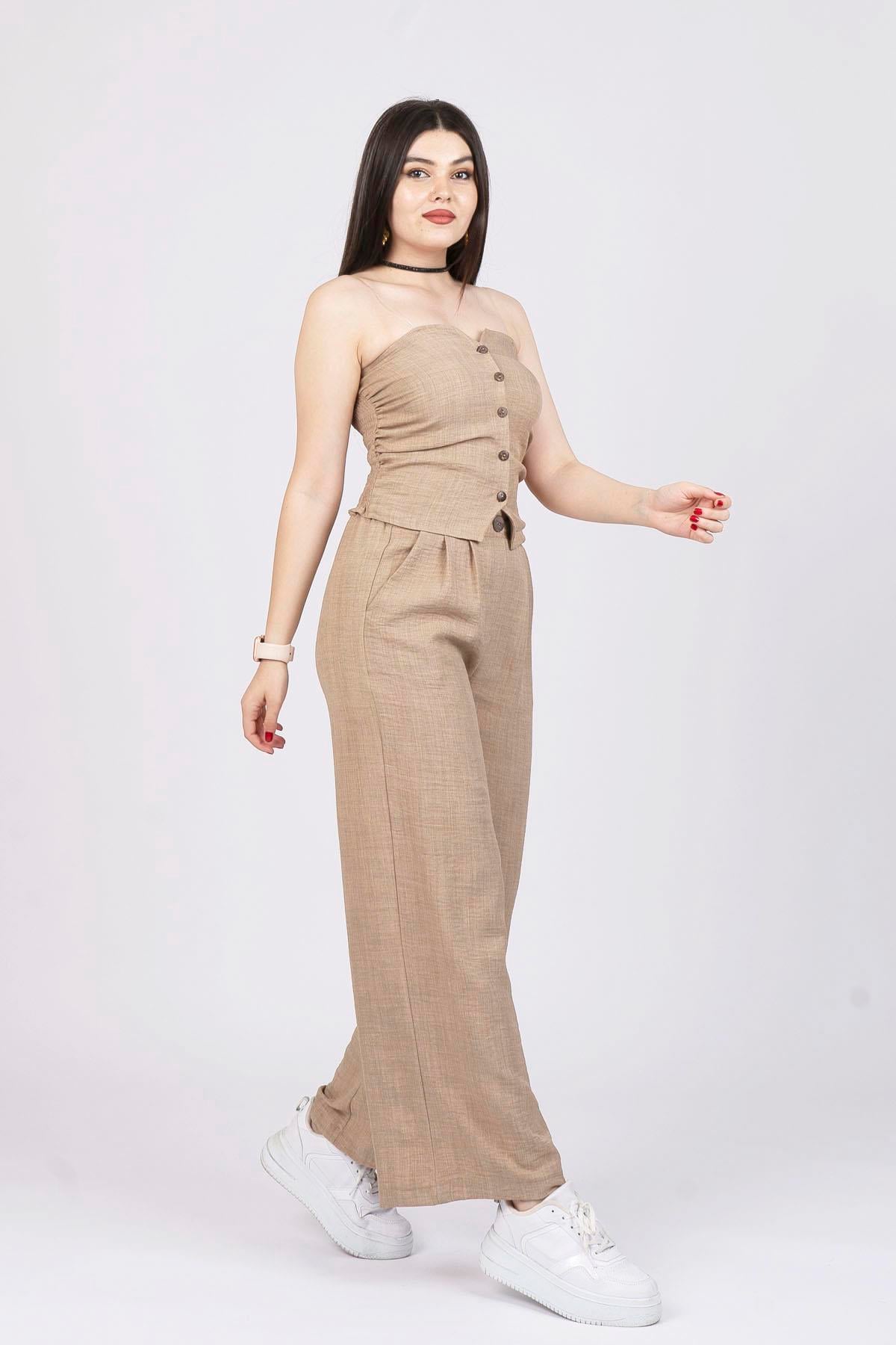 CAMILA STRAPLEZ KETEN YELEK PANTOLON İKİLİ TAKIM
