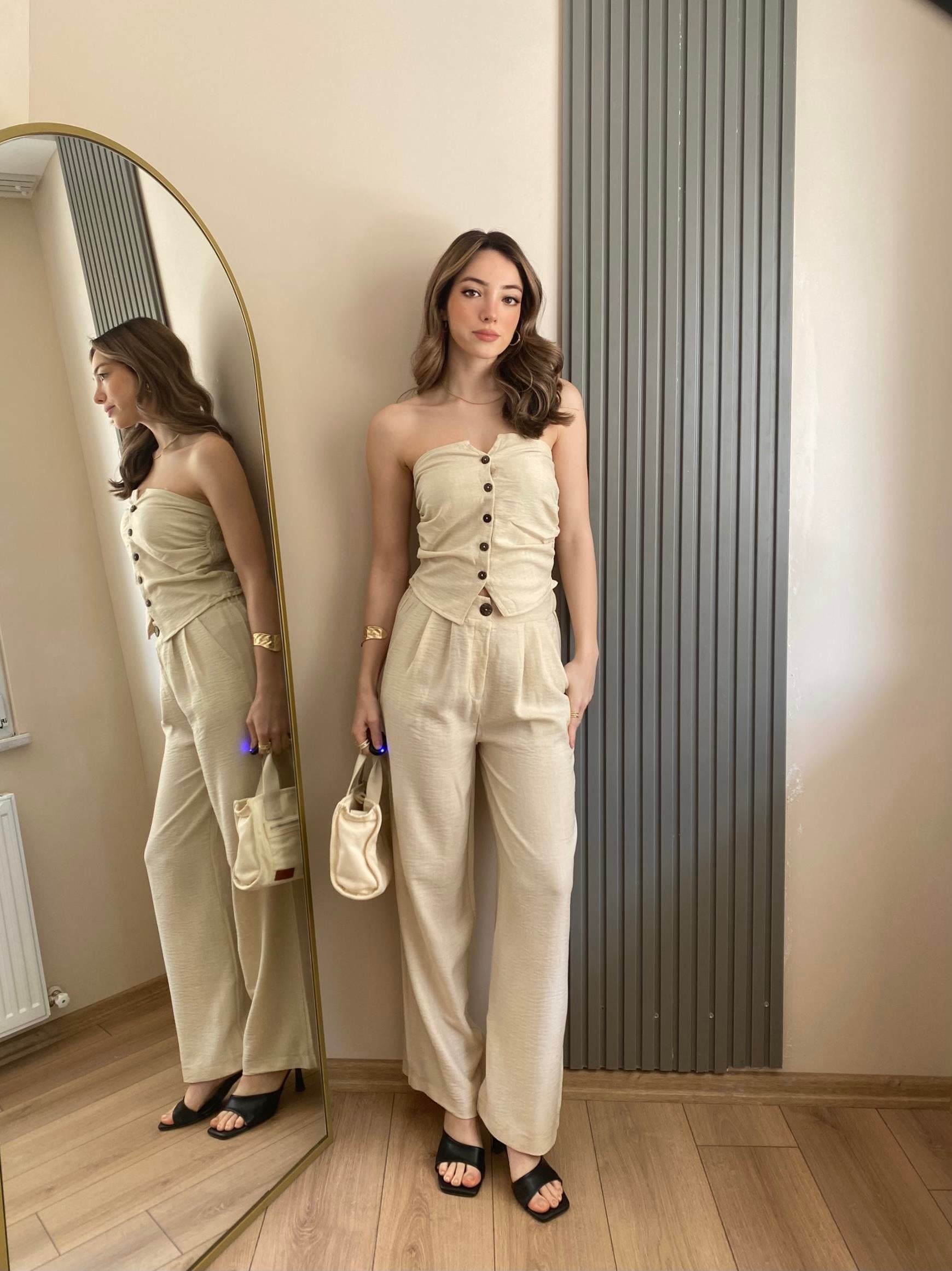CAMILA STRAPLEZ KETEN YELEK PANTOLON İKİLİ TAKIM