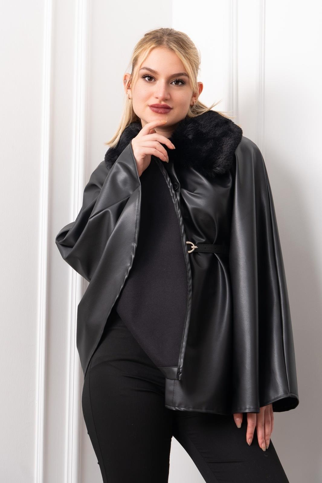 LUXURY KÜRK DETAYLI SUNİ DERİ PANÇO