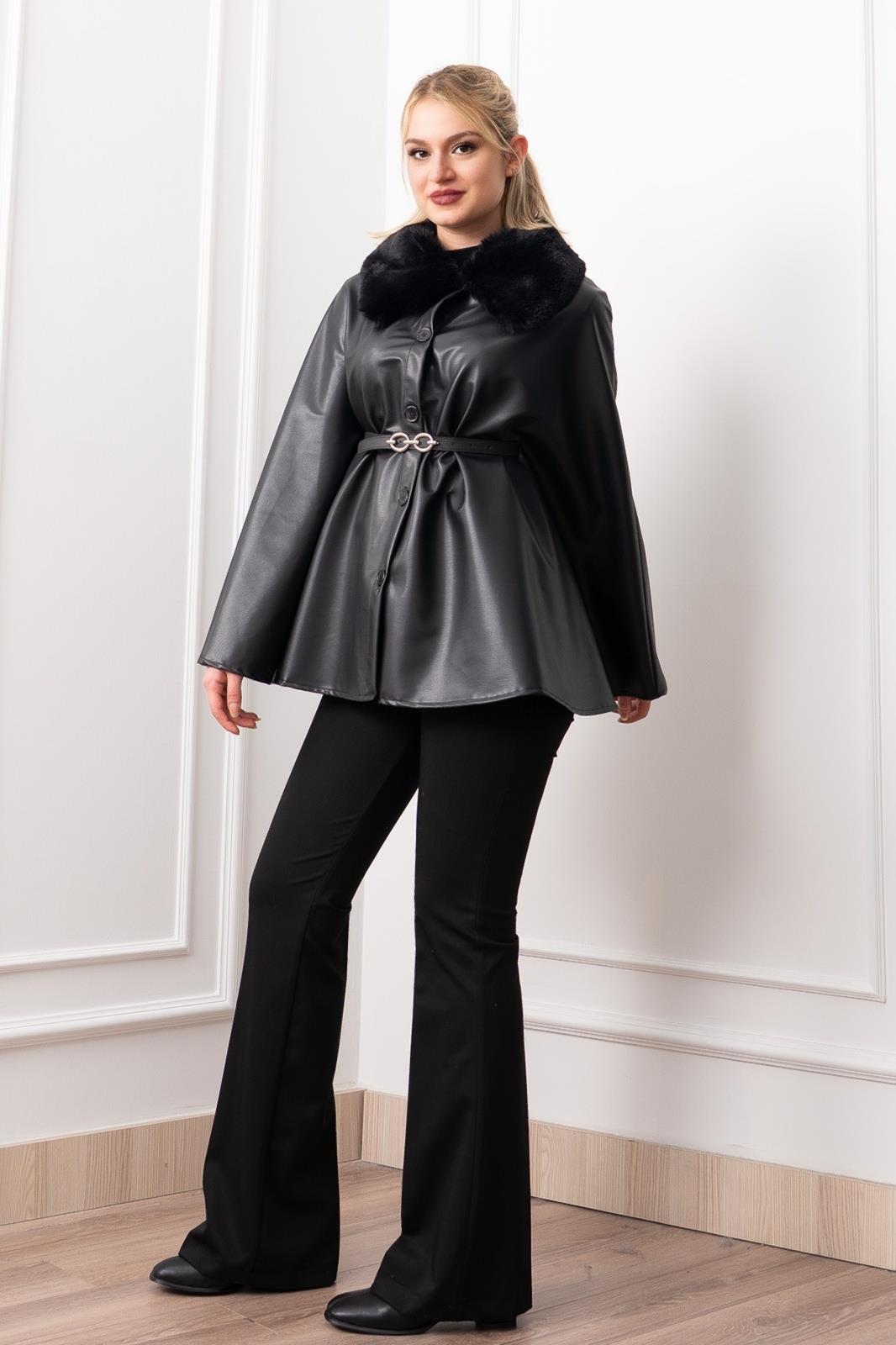 LUXURY KÜRK DETAYLI SUNİ DERİ PANÇO