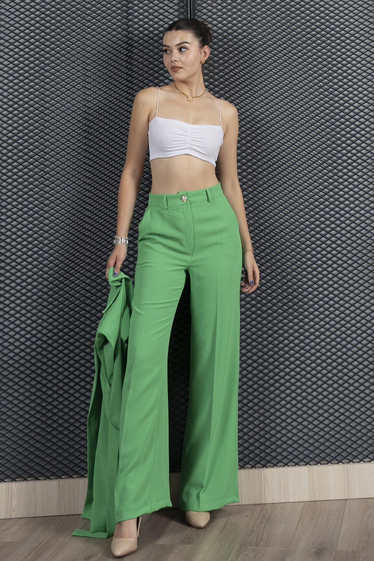 Oversize Kuşak Detaylı Yelek ve Bol Paça Cepli Pantolon Takım 1238