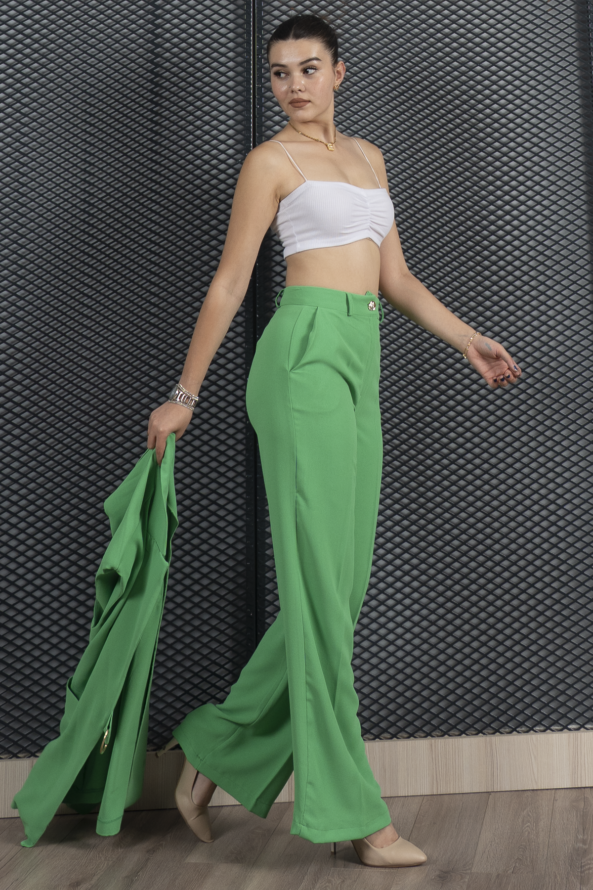 Oversize Kuşak Detaylı Yelek ve Bol Paça Cepli Pantolon Takım 1238