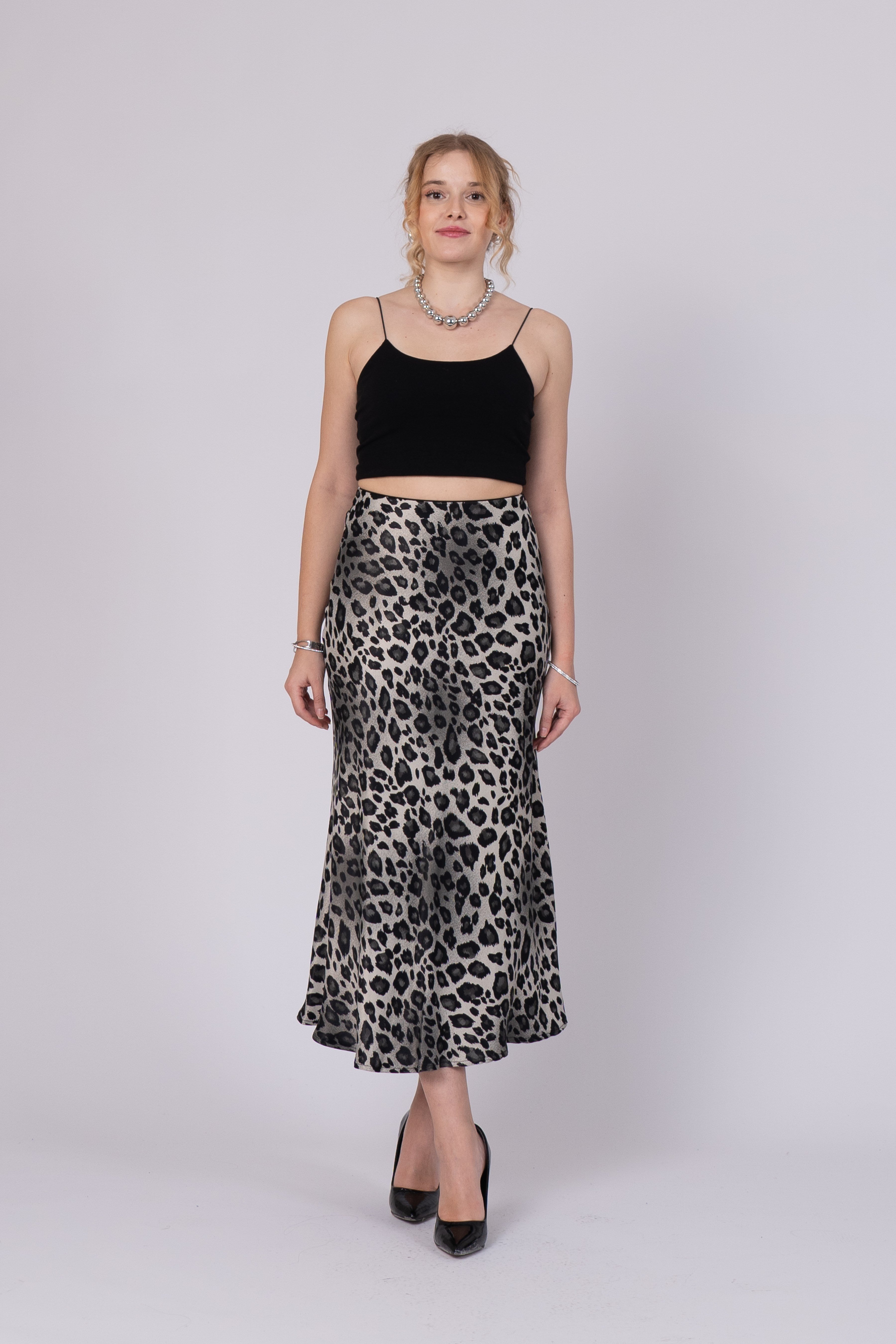 Saten Leopar Desen Beli Lastikli Etek 6718
