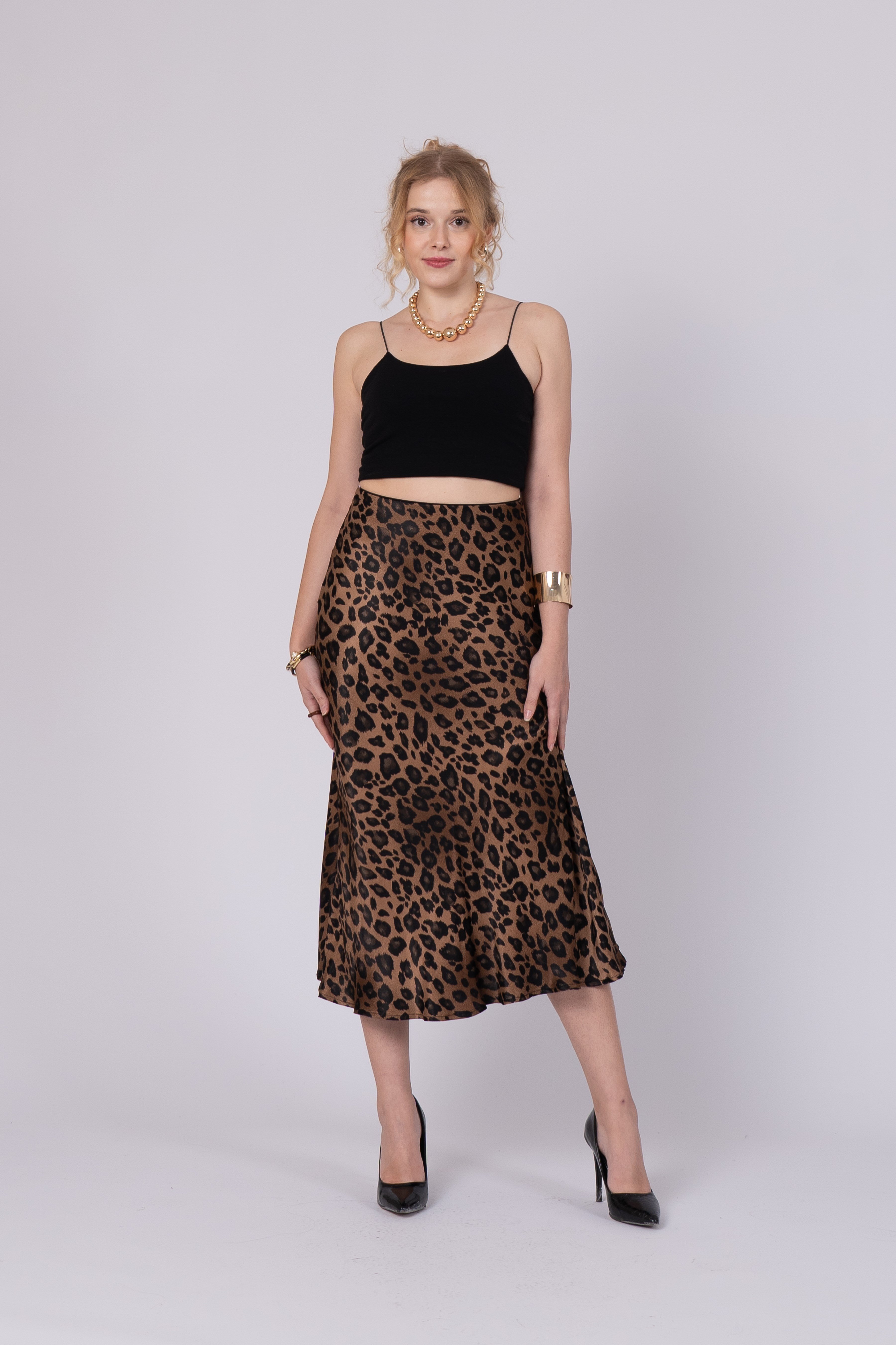 Saten Leopar Desen Beli Lastikli Etek 6718