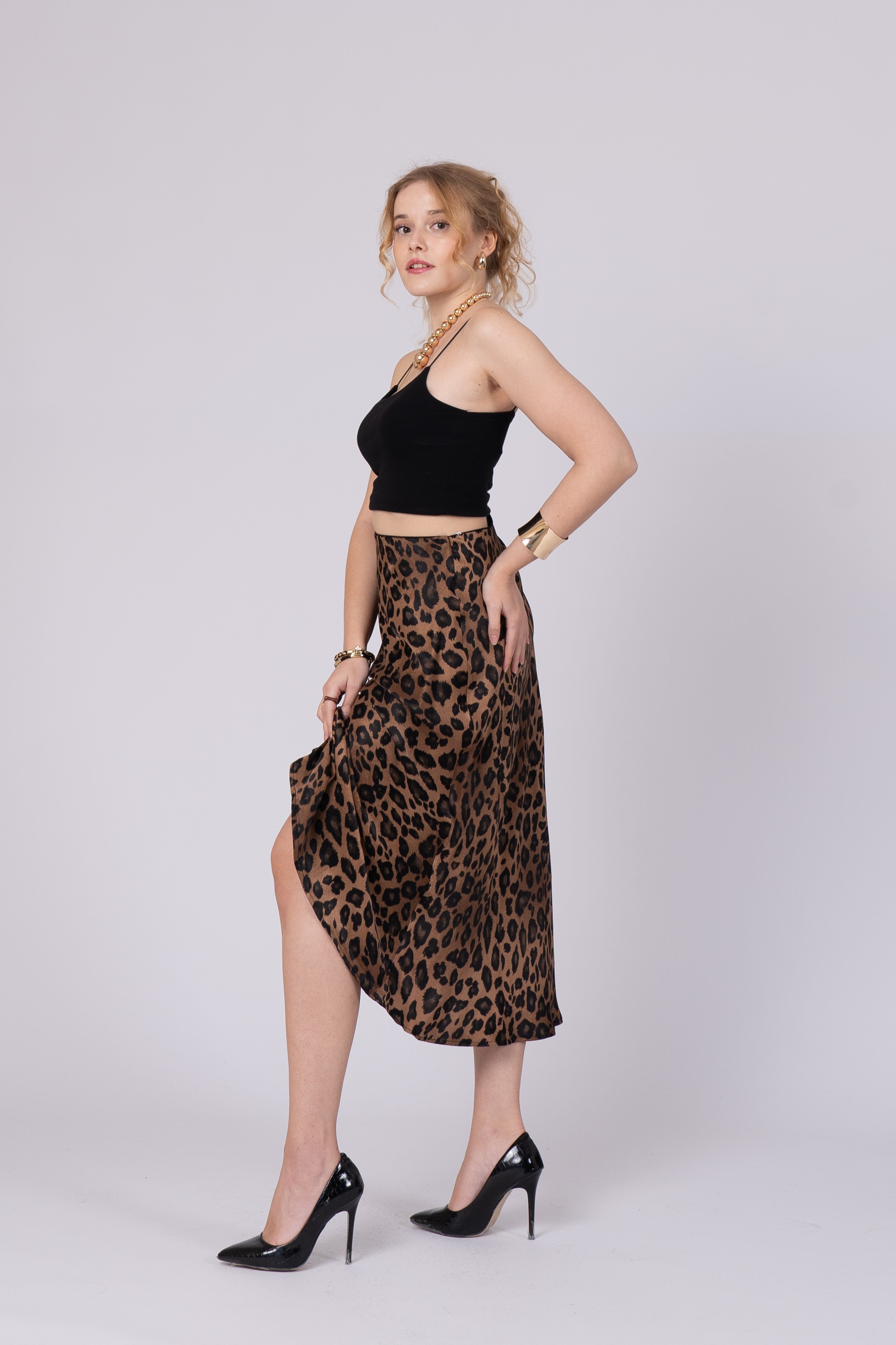 Saten Leopar Desen Beli Lastikli Etek 6718