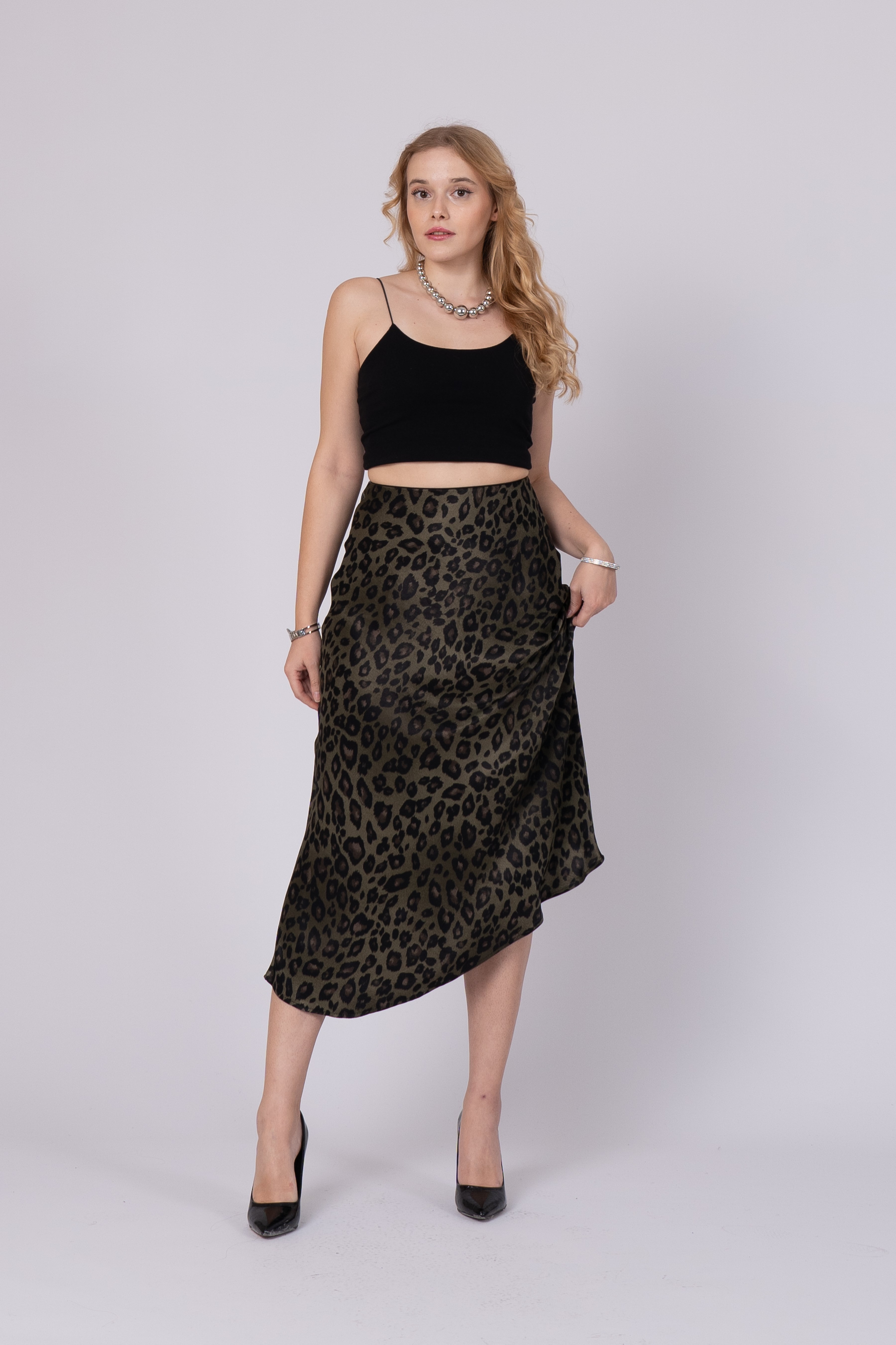 Saten Leopar Desen Beli Lastikli Etek 6718