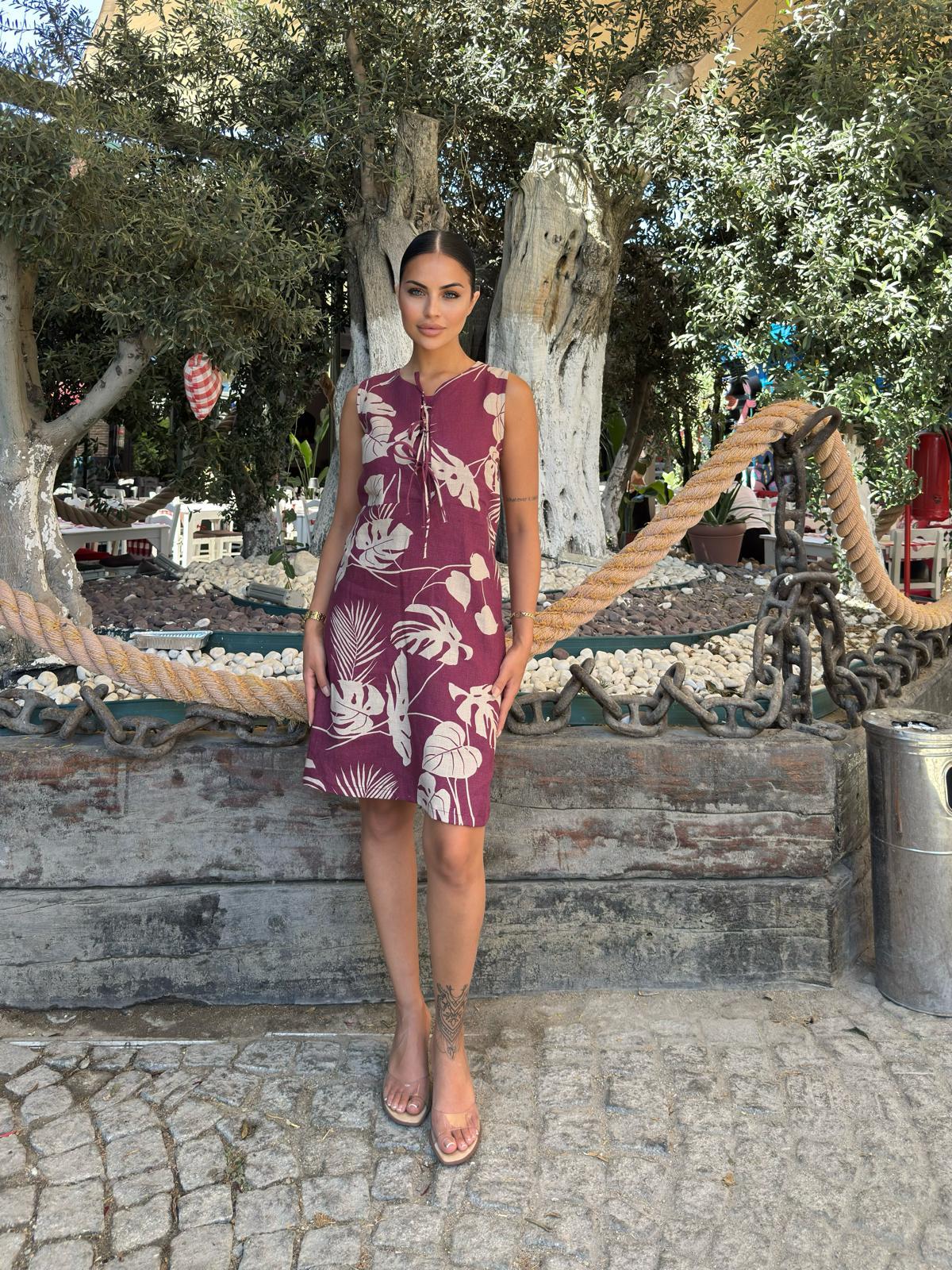 SHEILA YAPRAK DESENLİ KETEN ELBİSE