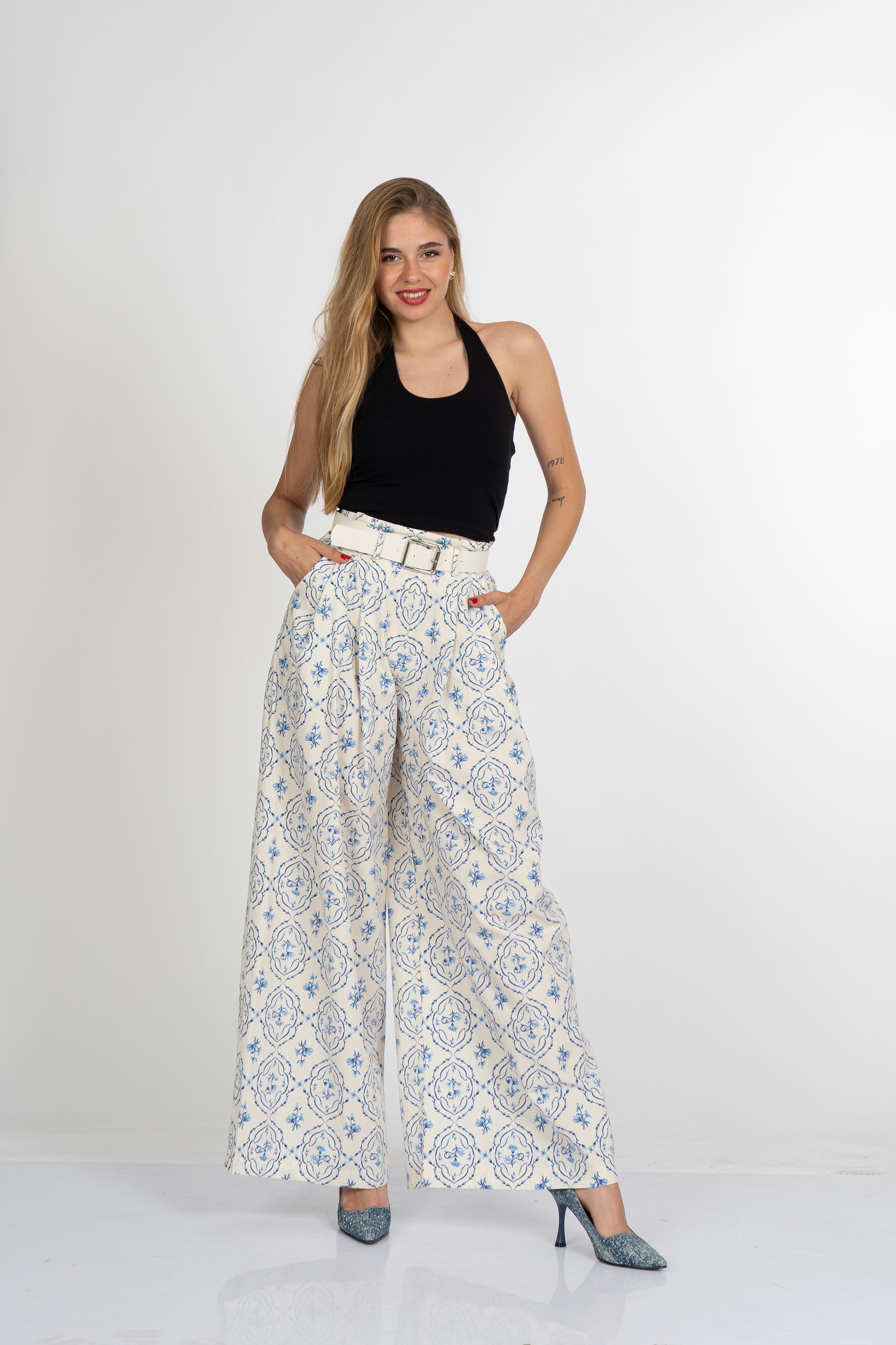 Y-30393 YÜKSEK BEL PİLELİ PANTOLON