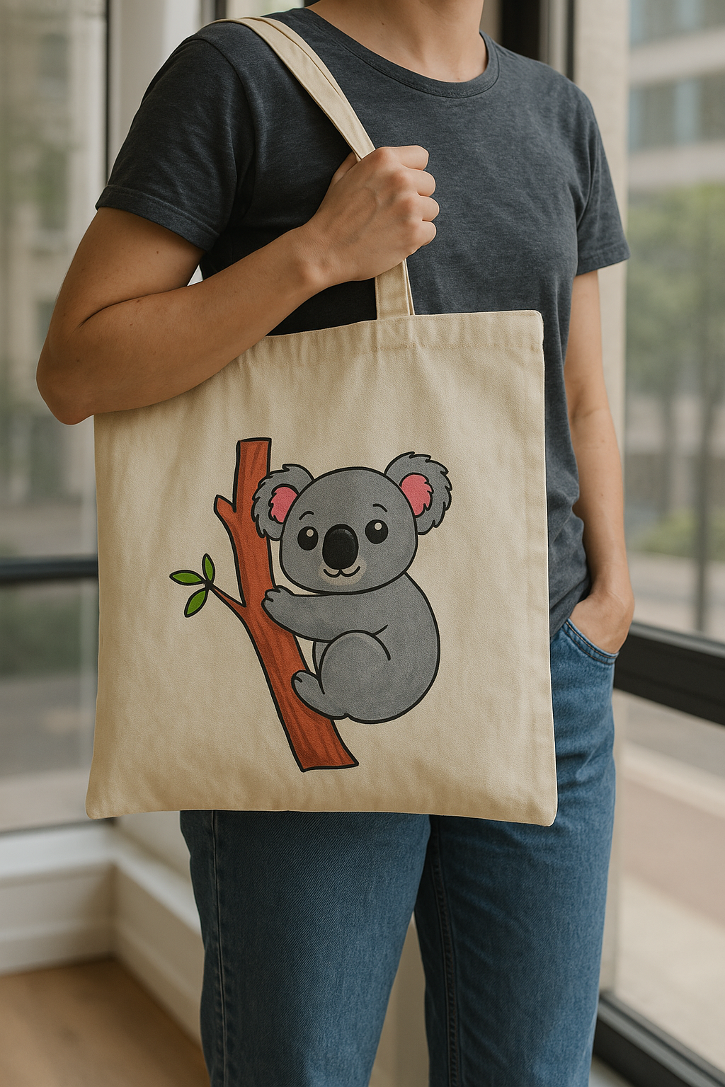 BIG WELL Bez Çanta – Koala Desenli (39x34 cm, Doğal Kumaş)