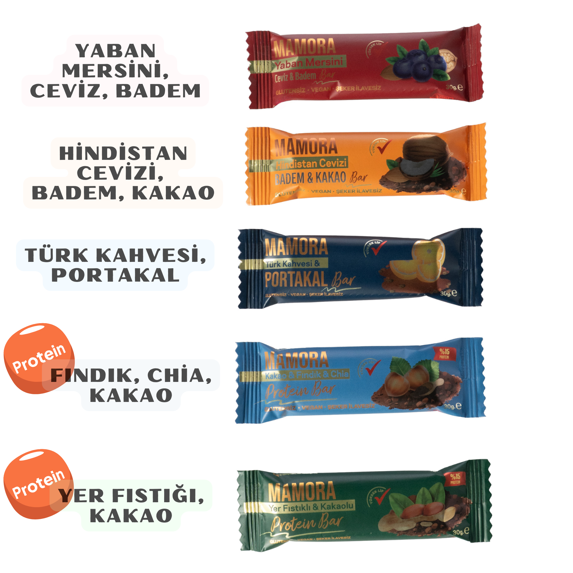 MAMORA 5'li Lezzet Tanışma Paketi – Doğal & Vegan Bar Çeşitleri (5 x 30 g)