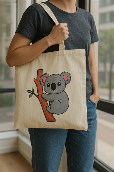 BIG WELL Bez Çanta – Koala Desenli (39x34 cm, Doğal Kumaş)