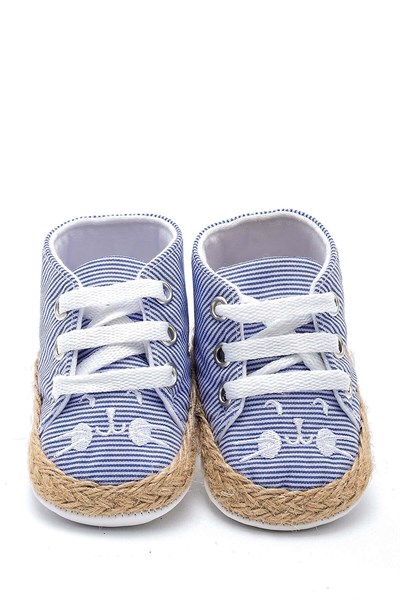 First Step Kedi Nakışlı Çizgili Patik - Saks Mavisi 8-12 Ay / No.18