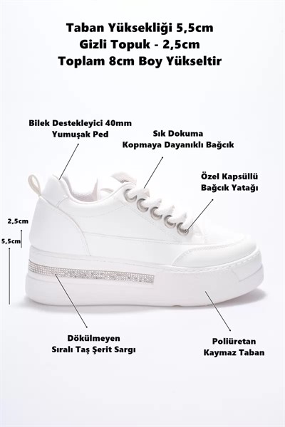 Kadın 8cm Boy Uzatan Gizli Topuklu Beyaz Spor Ayakkabı TR04MS01B