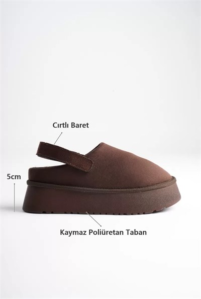 Kadın Acı Kahve Süet Kışlık İçi Kürklü Arkası Bantlı 5cm Kalın Tabanlı Terlik TR04MK06D