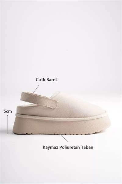 Kadın Bej Süet Kışlık İçi Kürklü Arkası Bantlı 5cm Kalın Tabanlı Terlik TR04MK06B