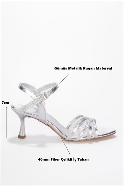 Kadın Gümüş Metalik Rugan 7cm İnce Topuklu Abiye Ayakkabı TR45MY01B