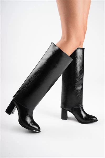 Kadın Siyah Rugan Tak Çıkar Konçlu Yuvarlak Burunlu Kalın Topuklu Bot ve Çizme TR05MK07A