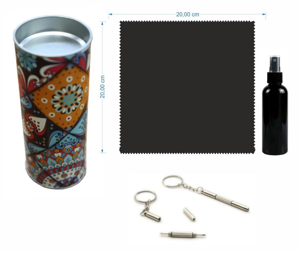 Premium 4 Parçadan Oluşan Silindir Set, 30 ml Solüsyon, 20x20 cm Bez, Metal Silindir Kutu ve Çok Fonksiyonlu Tornavida Anahtarlık