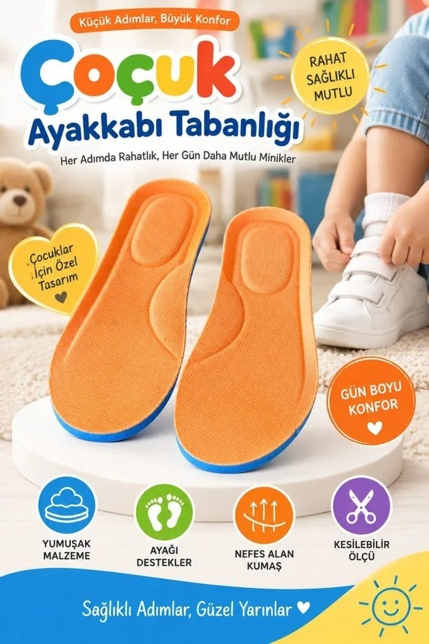 Ortopedik Çocuk Ayakkabı Tabanlığı – Yumuşak Destekli Kesilebilir Turuncu