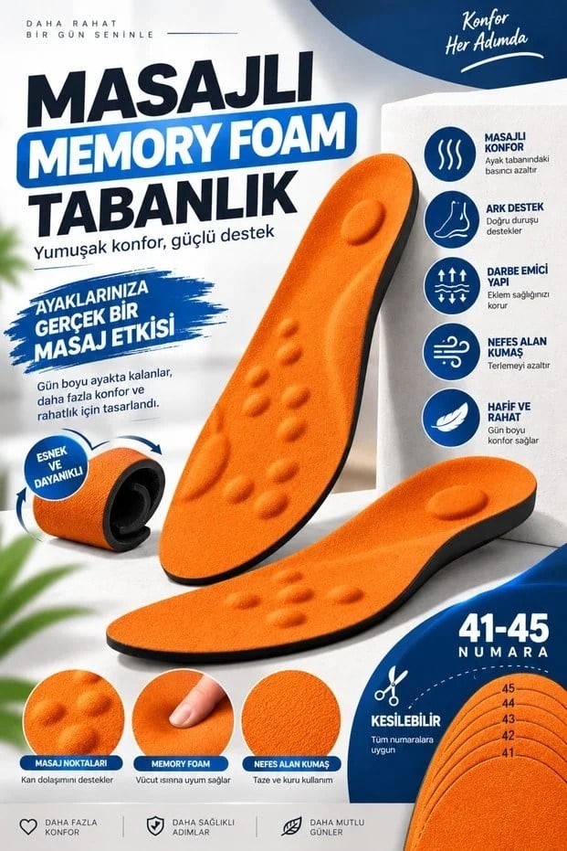 M500 Memory Foam Masaj Noktalı Ark Destekli Kesilebilir Tabanlık – Turuncu