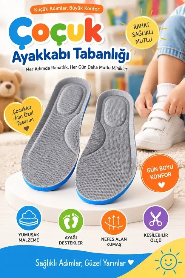 Ortopedik Çocuk Ayakkabı Tabanlığı – Yumuşak Destekli Kesilebilir Gri
