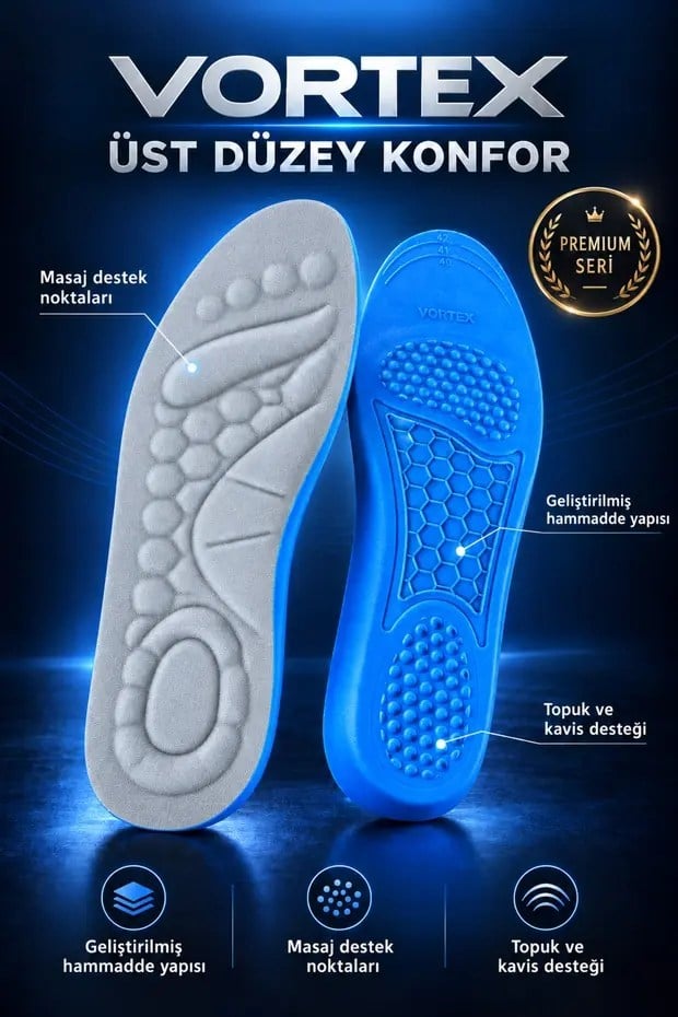 Vortex Premium Masaj Destekli Memory Foam Tabanlık – Kavis ve Topuk Destekli Gri