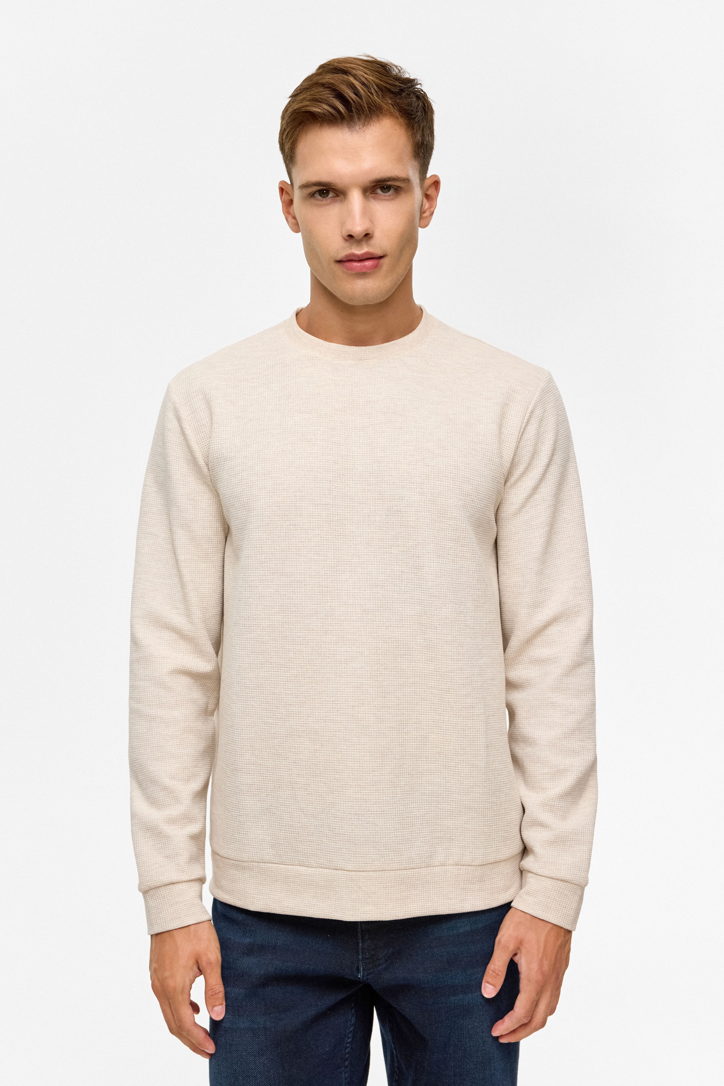 Süvari Bej Regular Düz Bisiklet Yaka Sweatshirt