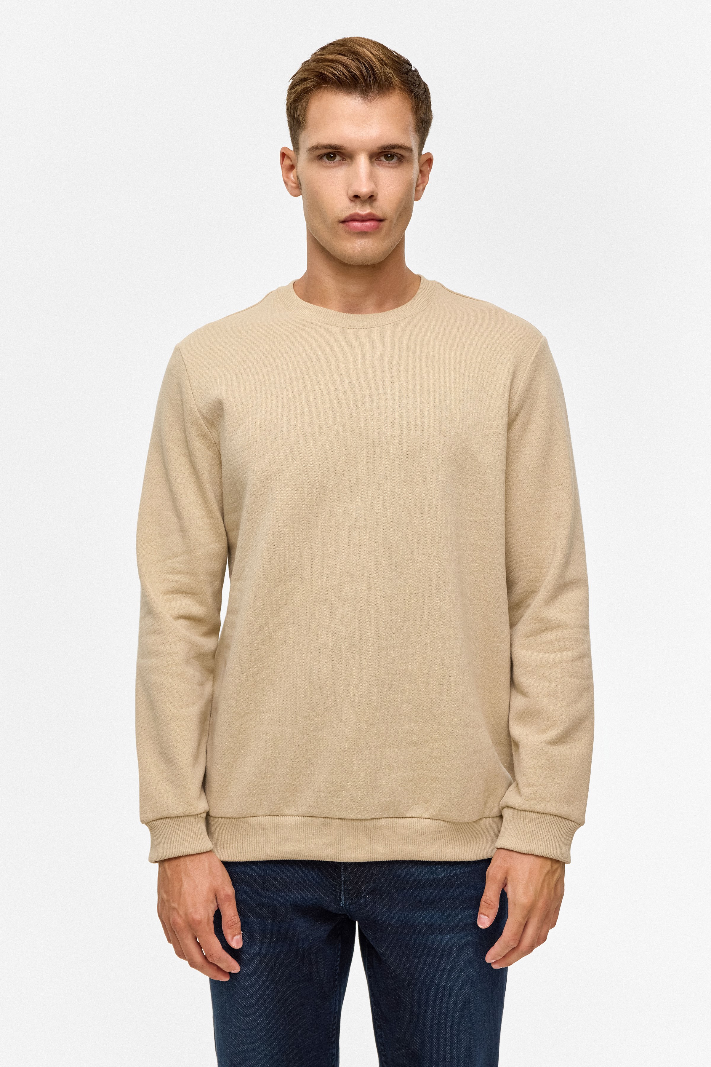 Süvari Bej Regular Düz Bisiklet Yaka Sweatshirt
