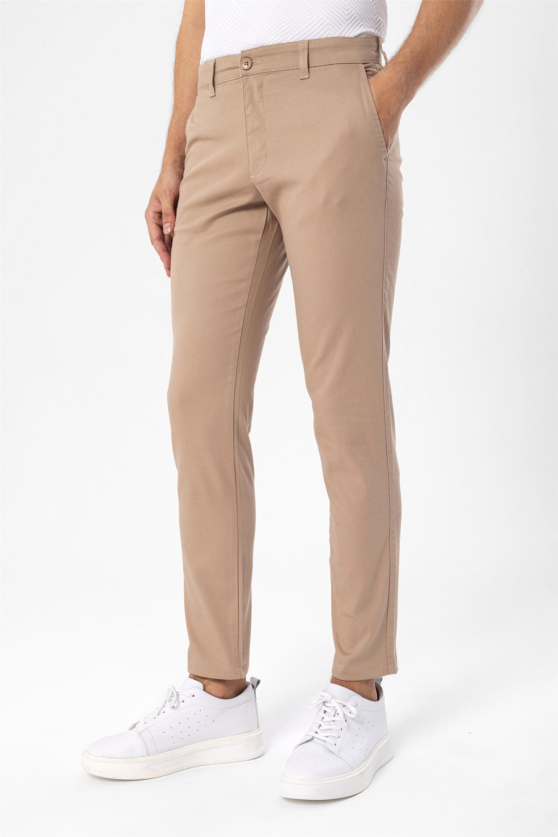 Bej Slim Fit Armürlü Chino Pantolon