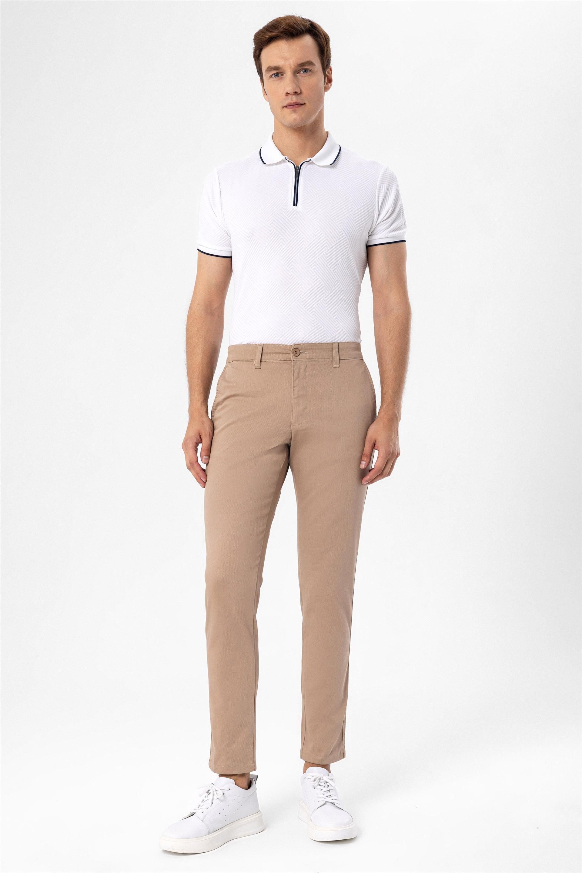Bej Slim Fit Armürlü Chino Pantolon